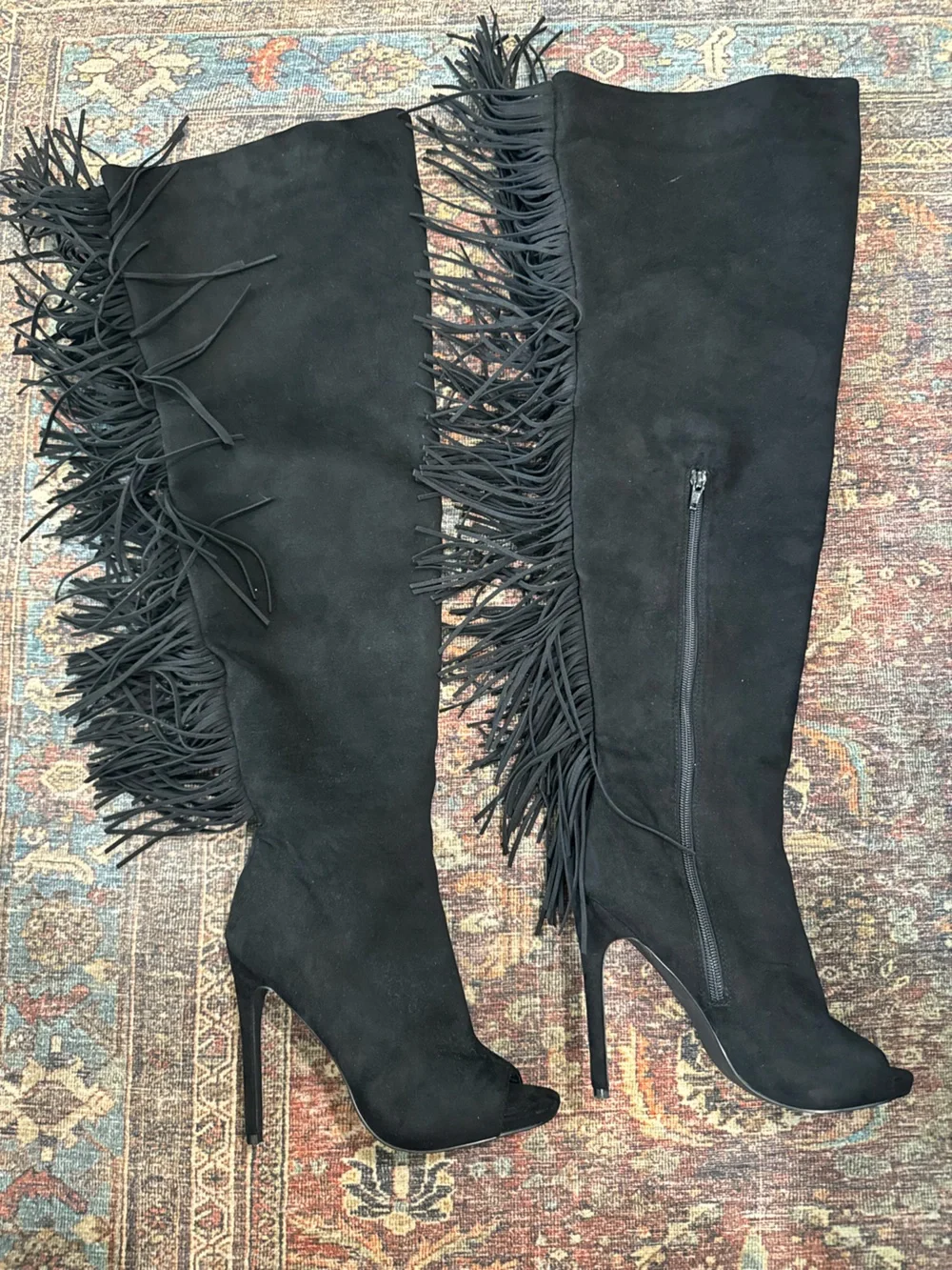 Privileged Suede Fringe Peep Toe Stiletto Thigh High Over The Knee Boot 6.5